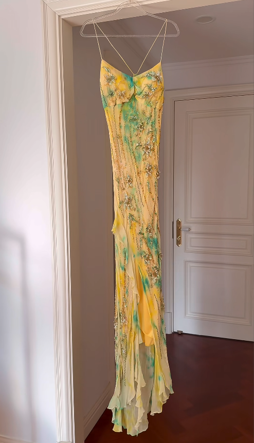 Fairy Yellow Birtdhay Dresses Sheath Spaghetti Straps Long Prom Dresses Chiffon Beaded Sleeveless Party Dresses EP06074