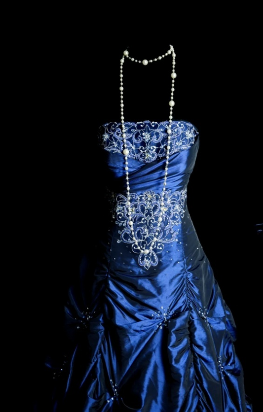 Chic Navy Blue Long Prom Dresses Satin Beaded A-Line Evening Dresses Strapless Sleeveless Formal Dresses EP06076