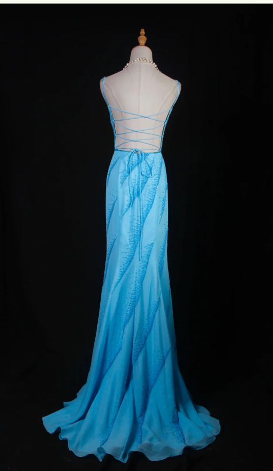 Chic Blue Long Prom Dresses Chiffon Beaded Sheath Evening Dresses Spaghetti Straps Sleeveless Formal Dresses EP06078