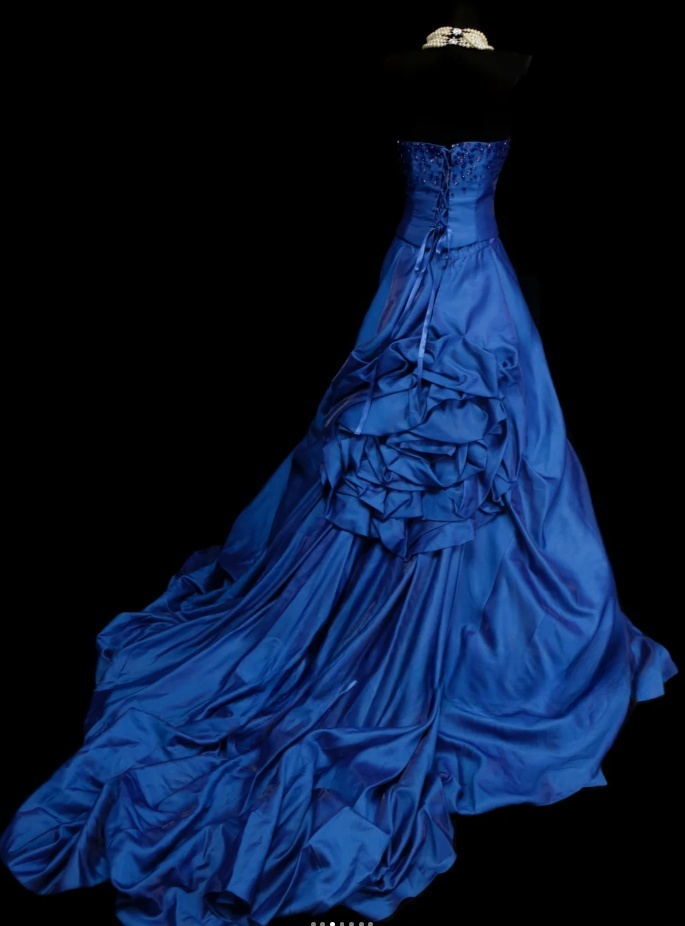 Glam Blue Ball Gown Long Prom Dresses Satin Strapless Evening Dresses Sleeveless Formal Dresses EP06089