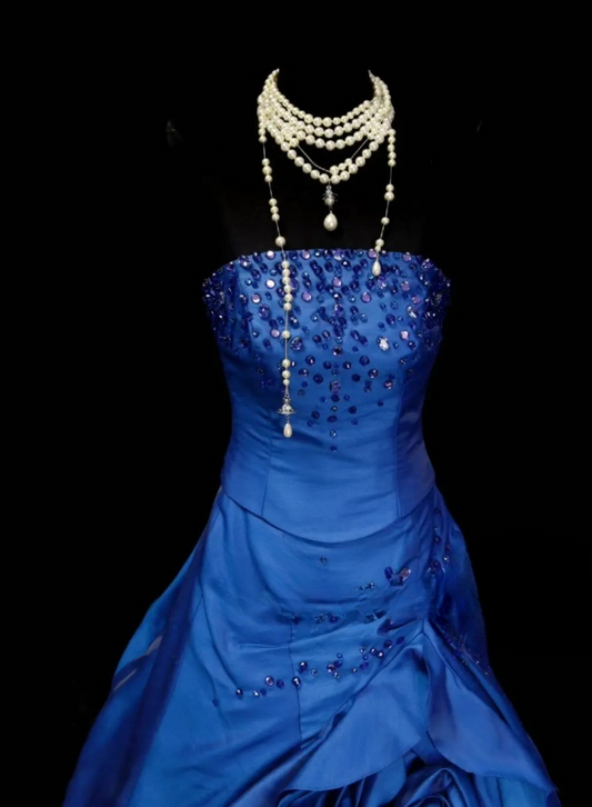 Glam Blue Ball Gown Long Prom Dresses Satin Strapless Evening Dresses Sleeveless Formal Dresses EP06089