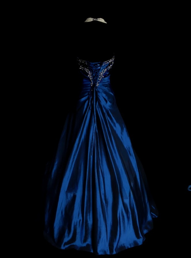 Glam Blue A-Line Long Prom Dresses Satin Beaded Strapless Evening Dresses Sleeveless Formal Dresses EP06090