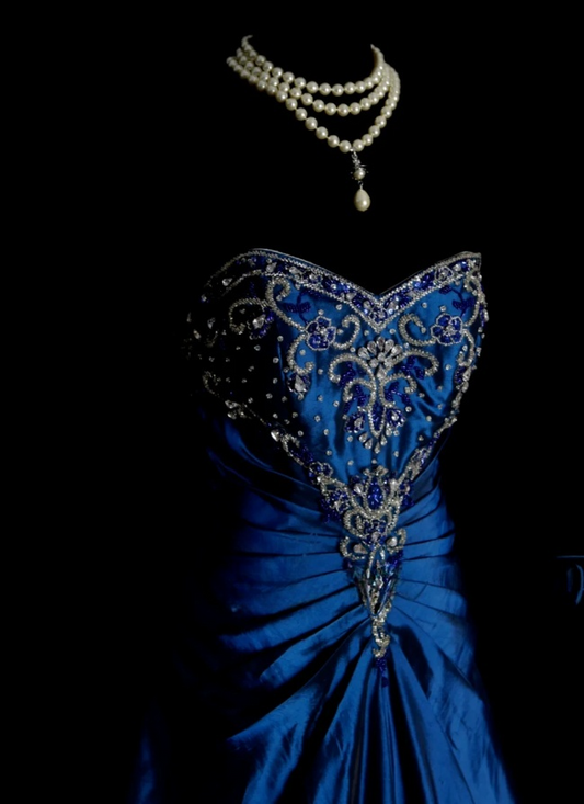 Glam Blue A-Line Long Prom Dresses Satin Beaded Strapless Evening Dresses Sleeveless Formal Dresses EP06090