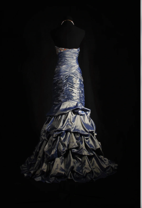 Gorgeous Gray Blue Sheath Long Prom Dresses Satin Strapless Evening Dresses Sleeveless Formal Dresses EP06093