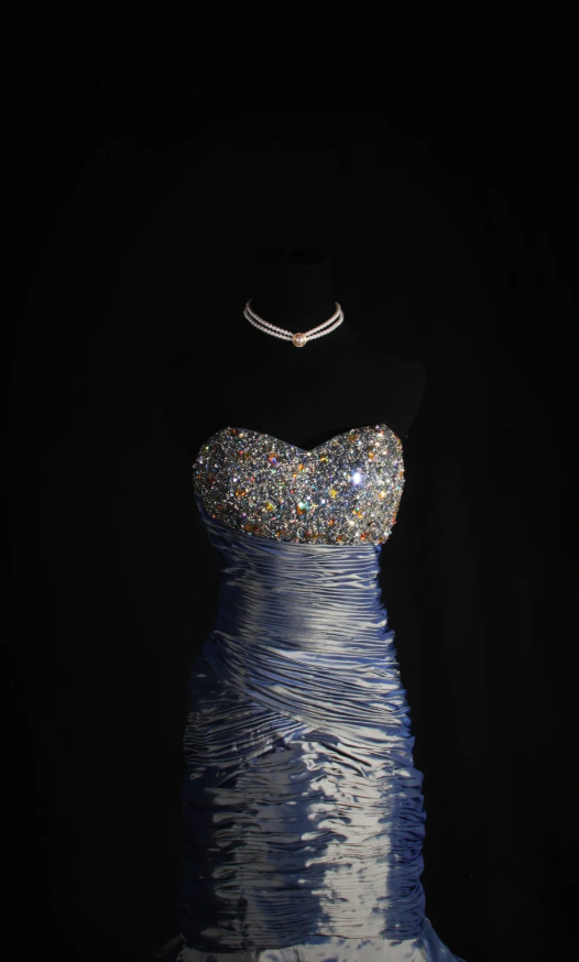 Gorgeous Gray Blue Sheath Long Prom Dresses Satin Strapless Evening Dresses Sleeveless Formal Dresses EP06093