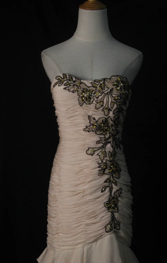 Gorgeous Blush Pink Sheath Long Prom Dresses Chiffon Strapless Evening Dresses Sleeveless Formal Dresses EP06094