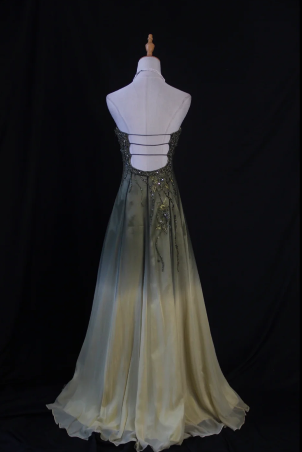 Gorgeous Green A-line Long Prom Dresses Sequins Chiffon Strapless Evening Dresses Sleeveless Formal Dresses EP06095