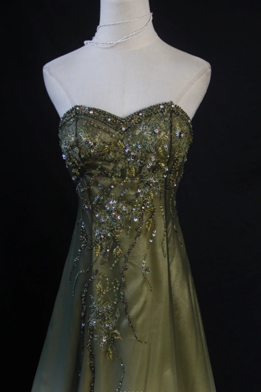 Gorgeous Green A-line Long Prom Dresses Sequins Chiffon Strapless Evening Dresses Sleeveless Formal Dresses EP06095