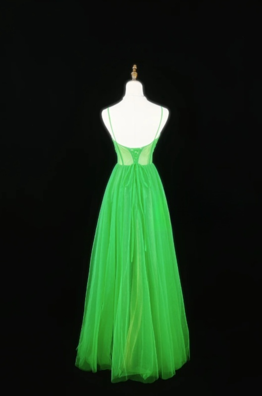 Gorgeous Bud Green A-line Long Prom Dresses Tulle Spaghetti Straps Evening Dresses Sleeveless Formal Dresses EP06099
