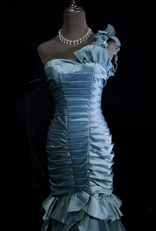 Gorgeous Blue Sheath Long Prom Dresses Satin One-shoulder Evening Dresses Sleeveless Formal Dresses EP06101