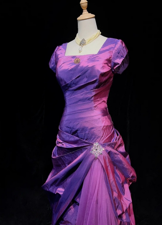 Gorgeous Purple Sheath Long Prom Dresses Satin Square Neck Evening Dresses Sleeves Formal Dresses EP06102