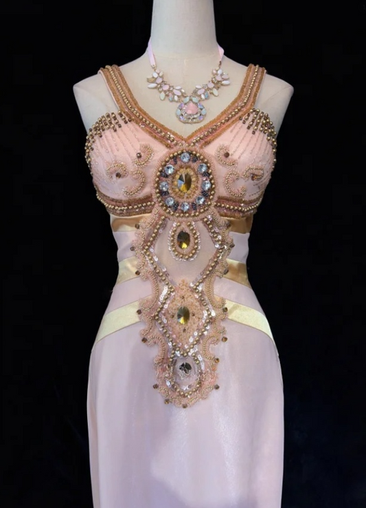 Fairy Pink Sheath Long Prom Dresses Satin Beaded V-neck Evening Dresses Sleeveless Formal Dresses EP06103