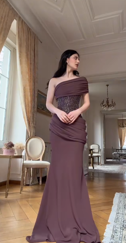 Glam Brown Long Prom Dresses Sheath Evening Dresses Chiffon One-shoulder Formal Dresses EP06108