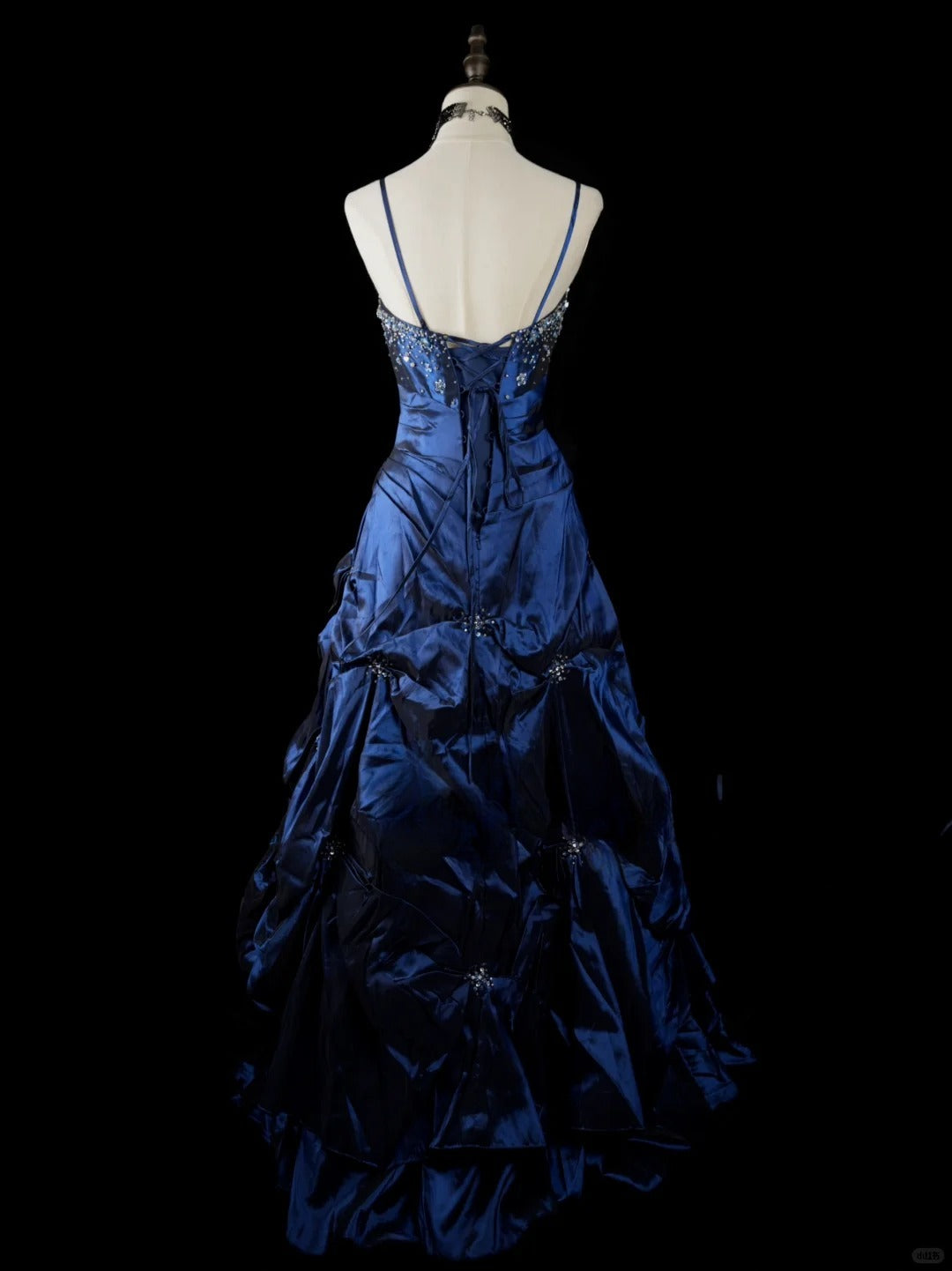 Vintage Navy Blue Long Prom Dresses A-Line Satin Sleeveless Evening Dresses Spaghetti Straps Birthday Dresses EP06118