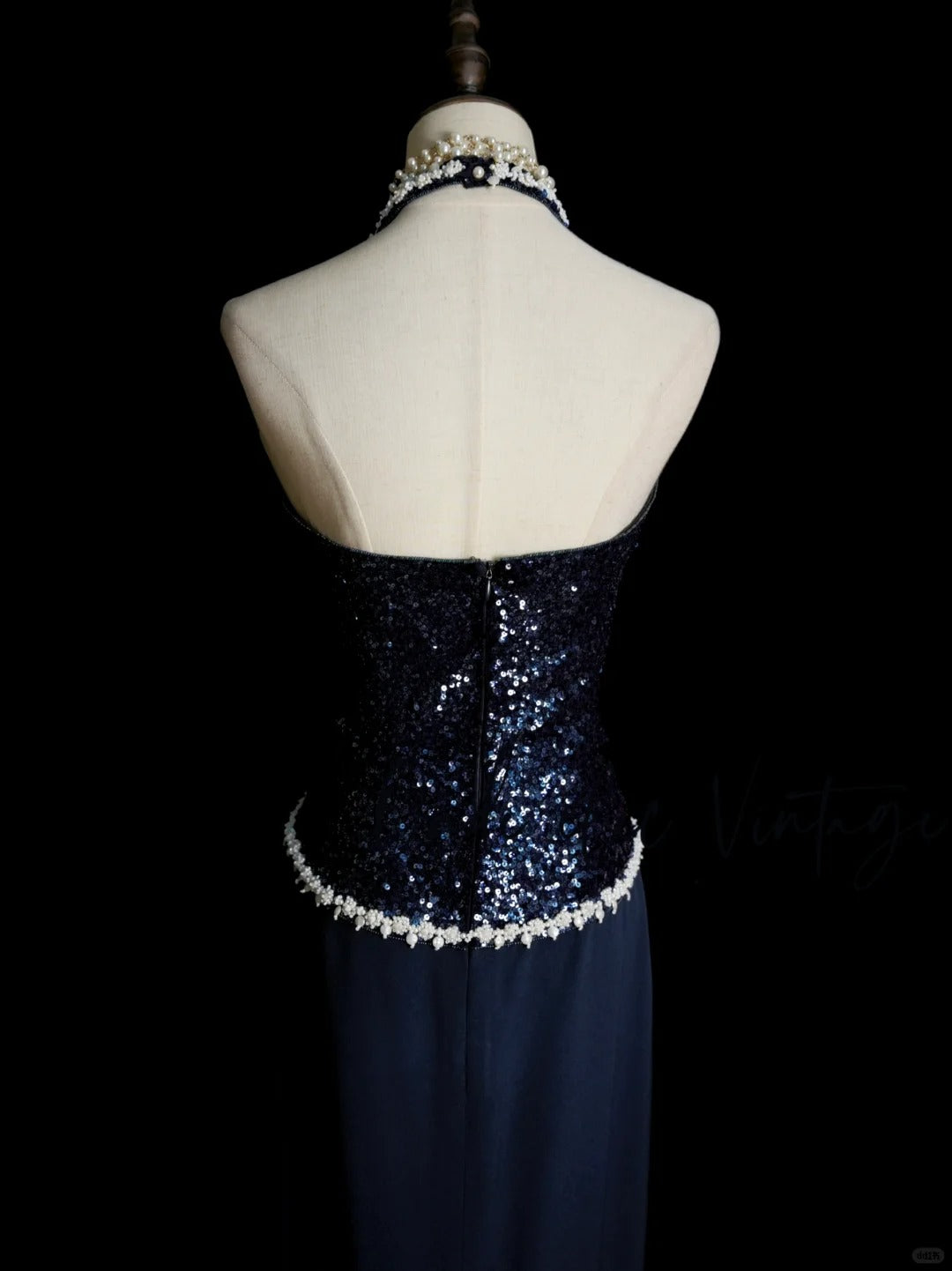 Vintage Navy Blue Long Prom Dresses Sheath Sleeveless Evening Dresses Chiffon Beaded Halter Birthday Dresses EP06119