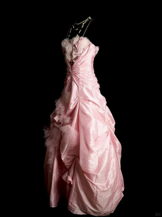 Vintage Pink Long Prom Dresses A-Line Sleeveless Quinceanera Dresses Satin Spaghetti Straps Birthday Dresses EP06121