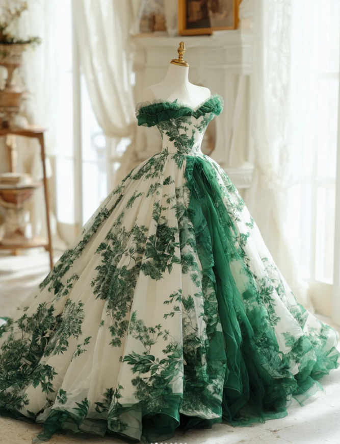 Gorgeous Green Birthday Dresses, Off-shulder A-Line Long Prom Dresses, Floral Tulle Sleeveless Evening Dresses EP06507