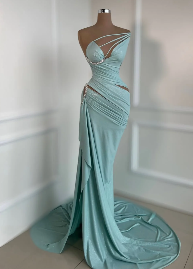 Sexy Blue Party Dresses, One-shoulder Sheath Long Prom Dresses, Satin Sleeveless Evening Dresses EP06511