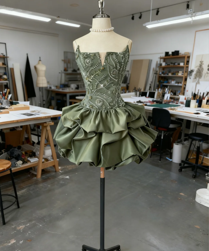Sexy Green Party Dresses, Strapless Sheath Short Prom Dresses, Beaded Satin Sleeveless Evening Dresses EP06515