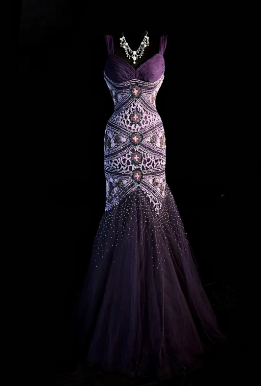 Chic Purple Dresses, Straps Mermaid Long Prom Dresses, Beaded Chiffon Sleeveless Evening Dresses EP06517