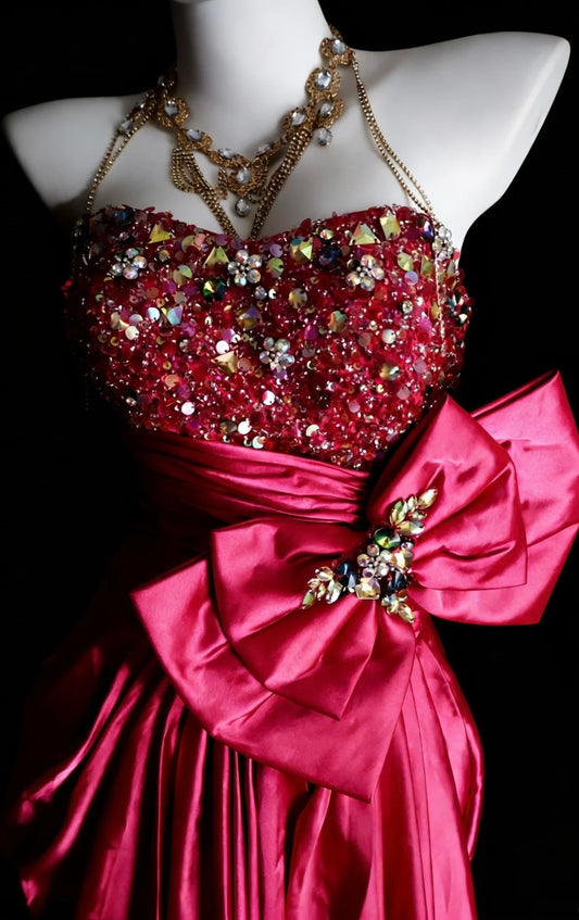 Gorgeous Pink Prom Dress Strapless Sheath Evening Dress Beaded Satin Formal Dress EP06751