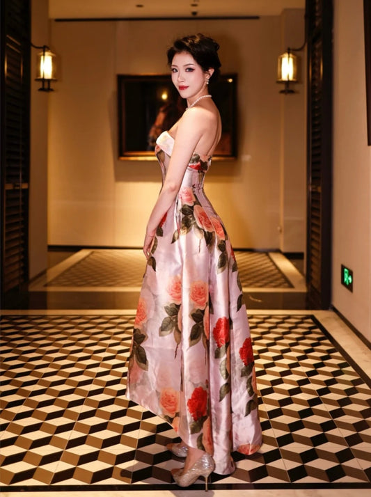 Gorgeous Floral Prom Dress Strapless A-line Evening Dress Satin Birthday Dress EP06753