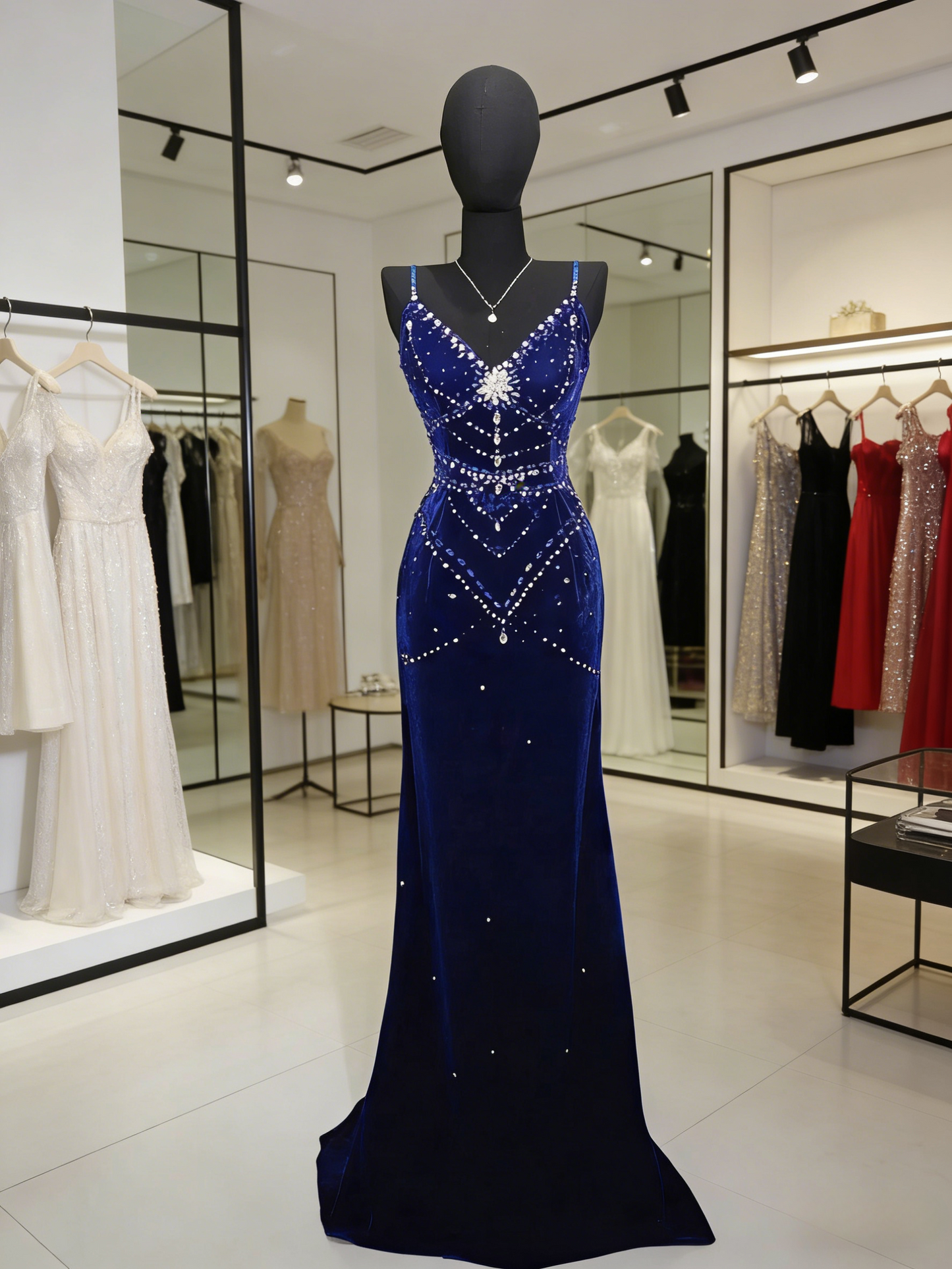 Robes d'anniversaire élégantes bleu dégradé, col en V, paillettes, mousseline, fourreau, robes de bal, robes de soirée ED04456