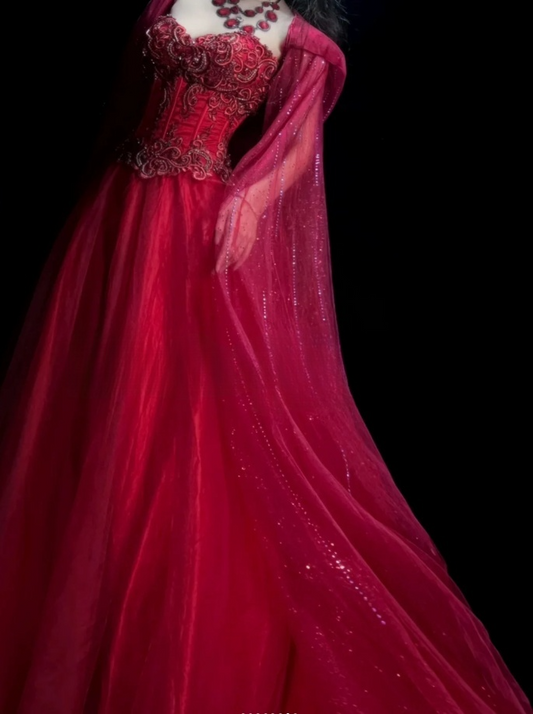 Glam Red Long Prom Dresses Sweetheart A-Line Evening Dresses Applique Tulle Sleeveless Formal Dresses EP06809