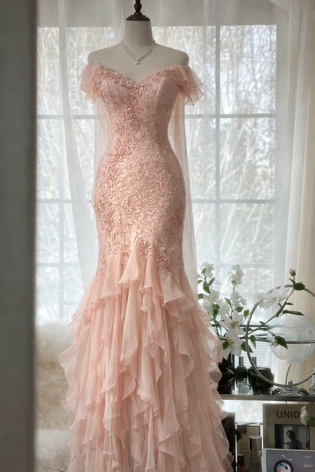 Chic Soft Pink Prom Dress Chiffon Beaded V-neck Mermaid Evening Dress EP07257