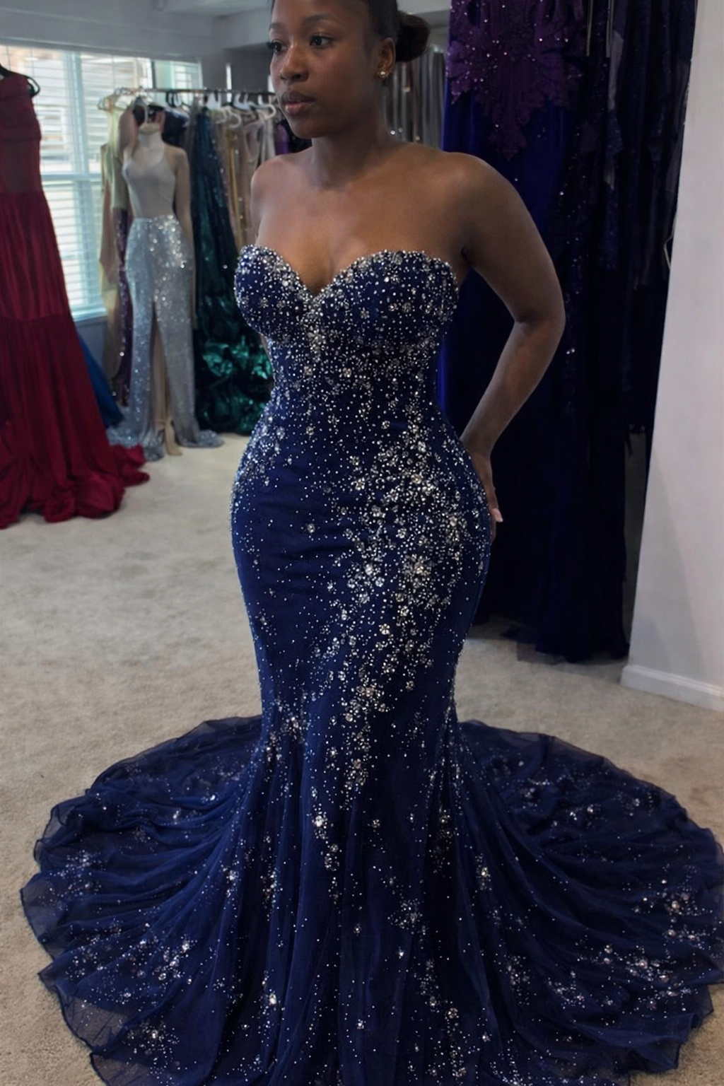 Fashion Navy Blue Prom Dress Chiffon Rhinstones Mermaid Long Evening Dress EP07270