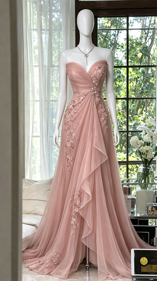 Elegant Peach Prom Dress Chiffon Beaded Sheath Sweetheart Evening Dress EP07344