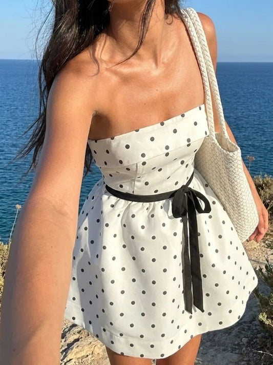 Chic White Cocktail Dress Sheath Strapless Polka Dot Party Dress Satin Birthday Dress EP08619