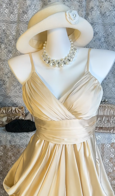 Magnifique Robe de Cocktail Champagne Bretelles Fines Coupe A-Line Robe de Soirée Satin Anniversaire EP08623