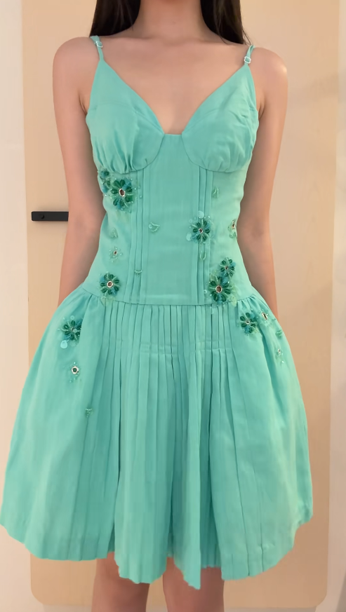 Cute Green Cocktail Dress Spaghetti Straps A-Line Beaded Party Dress Spandex Birthday Dress EP08624