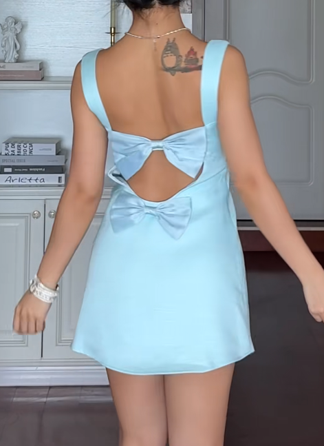 Chic Blue Birthday Dress Straps Sheath Cocktail Dress Satin Short Formal Dress EP08630