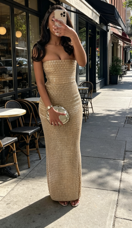 Chic Gold Birthday Dress Strapless Evening Dress Sheath Mirrow Long Prom Dress EP08715