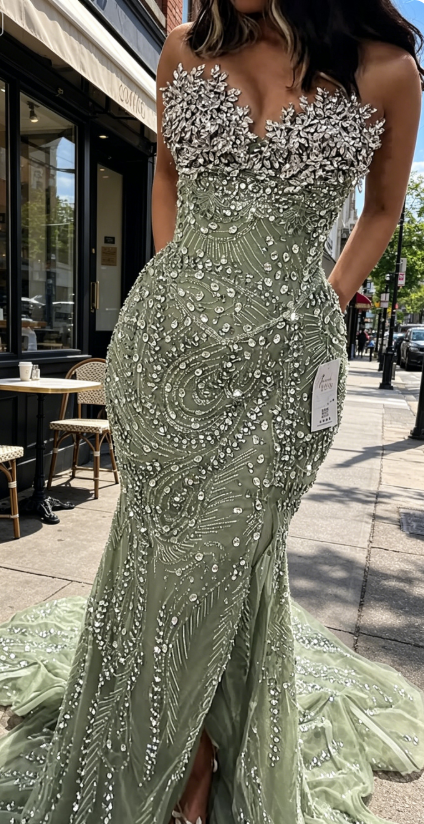 Chic Green Long Evening Dress Sweetheart Sheath Beaded Chiffon Prom Dress EP08717