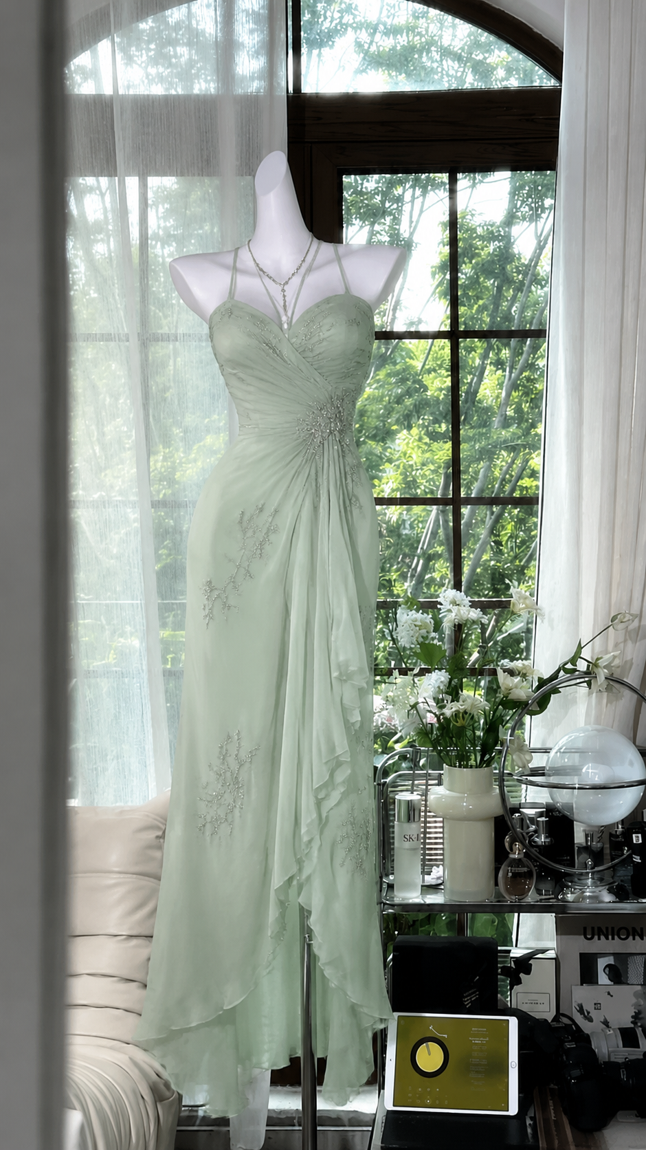 Vintage Green Prom Dress Sheath Chiffon Evening Dress Beaded Spaghetti Straps Beaded Formal Dress EP09026