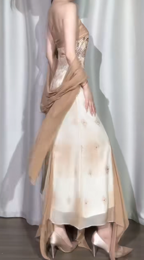 Elegant Sapghetti Straps Mermaid Champagne Long Prom Dresses Satin Baeded Champagne Evening Dresses EP5188