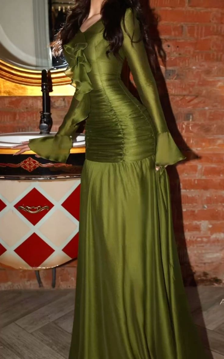 Glam V-Neck Sheath Long Prom Dresses Satin Olive Green Wedding Guest Dresses EP05273