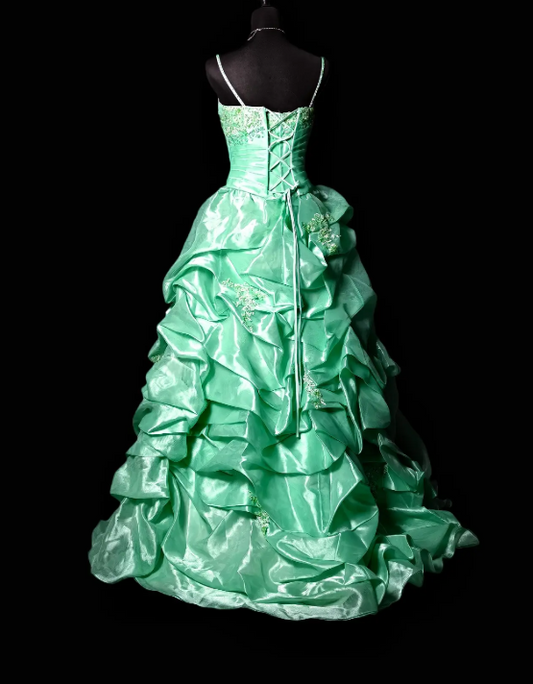 Gorgeous Ball Gown Green Quinceanera Dress Satin Spaghetti Straps Sleeveless Sweet 16 Dress EQ07101