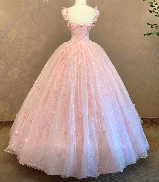 Gorgeous Pink Ball Gown Strapless Quinceanera Dress Tulle Appliques Sleeveless Sweet 16 Dress EQ07108