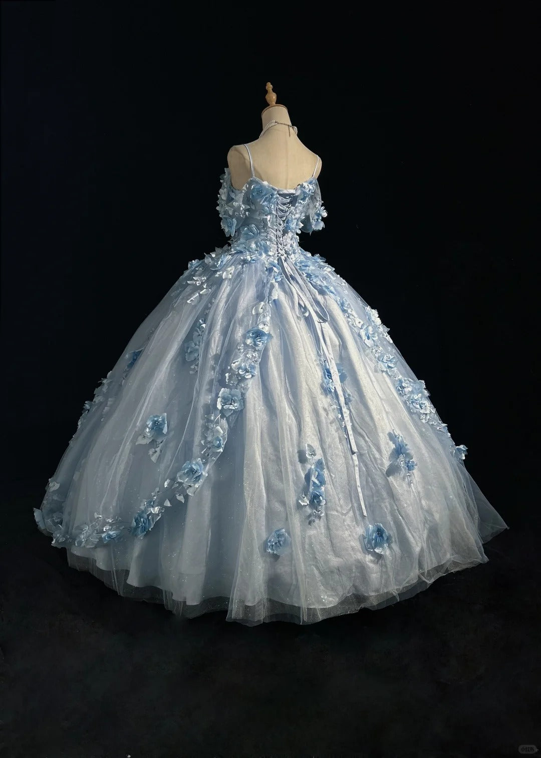 Robe de soirée bleue Sweet 16, féérique, épaules dénudées, en tulle, longue, avec appliqués, robe de quinceañera EQ07117