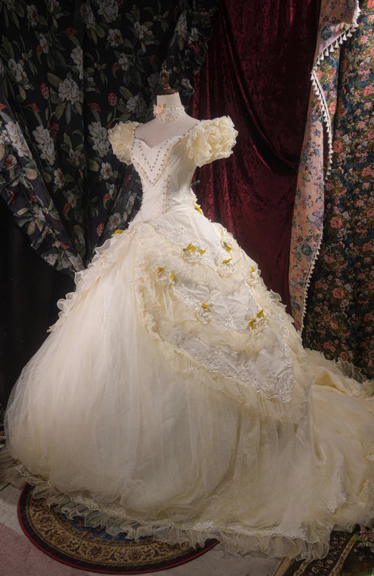 Yellow Sweet 16 Dress Gorgeous V-neck Ball Gown Tulle Long Prom Dress Appliques Quinceanera Dress EQ07120
