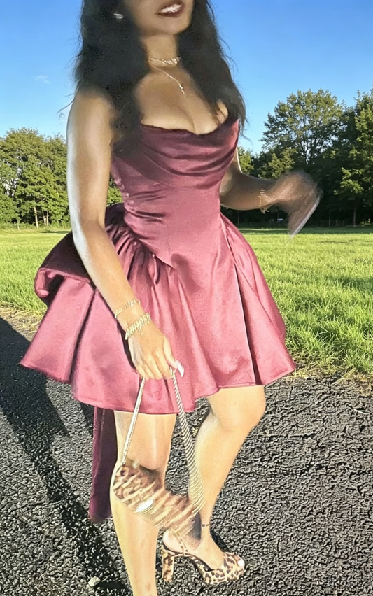 Chic Dark Red Birthday Dress Strapless A-line Satin Cocktail Dress Sleeveless Short Prom Dress ES07116