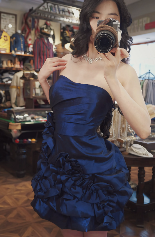 Chic Strapless A-Line Cocktail Dress Satin Graduation Party Dress Navy Blue Birthday Dress ES07129