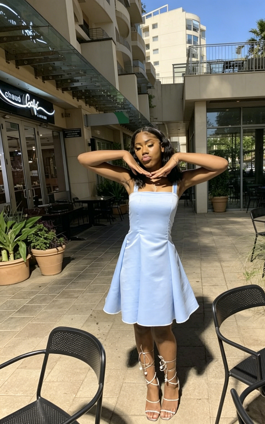 Chic Straps A-line Cocktail Dress Satin Graduation Party Dress Blue Birthday Dress ES07137