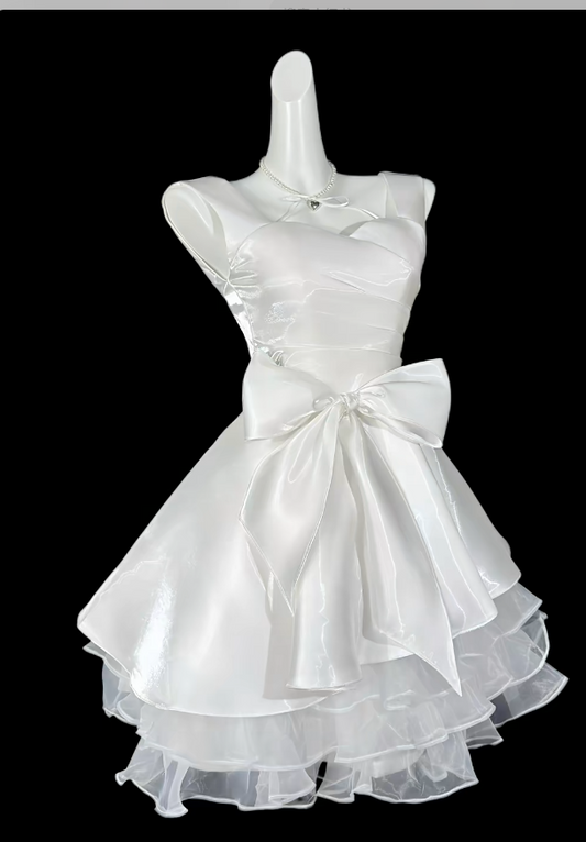 Chic Straps A-line Cocktail Dress Satin Graduation Party Dress White Birthday Dress ES07139