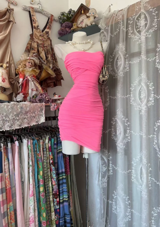 Robe d'été de fête rose en mousseline fourreau bustier sexy ES07141