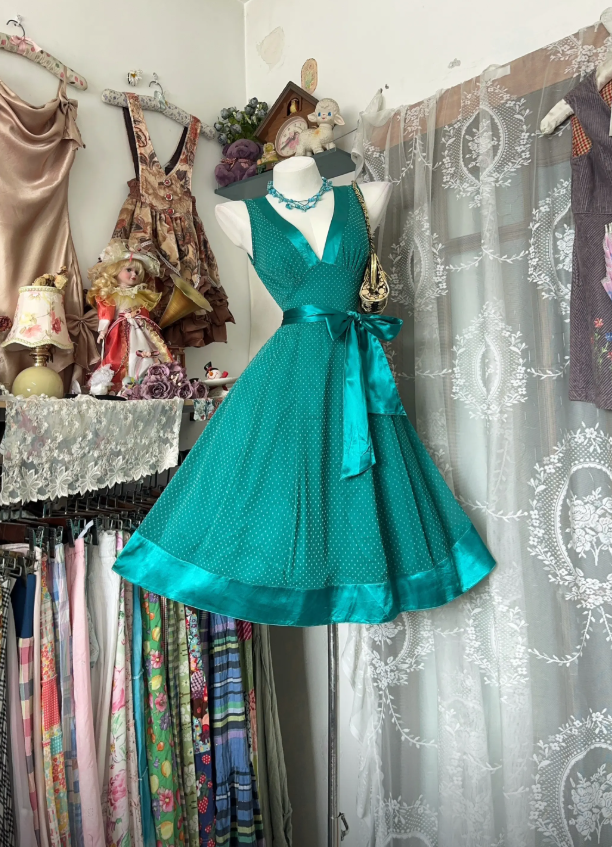 Cute V-neck Birthday Outfit A-Line Chiffon Summer Dress Blue Party Dress ES07143